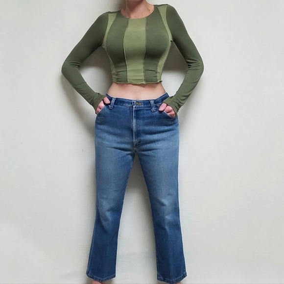 VINTAGE 70s Lee High Waisted Ankle Cropped Stretchy Straight Leg Denim Jeans - Picture 2 of 13